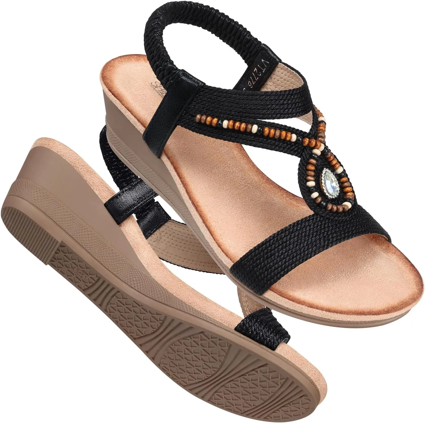 SHIBEVER Womens Wedge Sandals Low: Elastic Ankle Strap Wedge Sandals - Dressy Sandals Women - Comfortable Open Toe