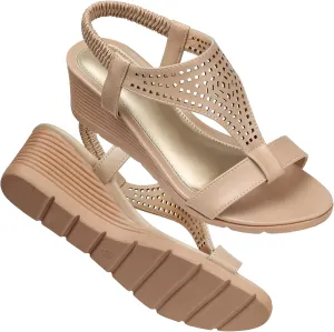 SHIBEVER Womens Wedge Sandals Low: Elastic Ankle Strap Wedge Sandals - Nude Sandals Women - Dressy Summer Comfortable Size 6
