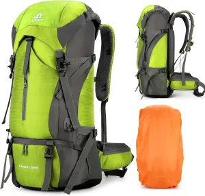 ShowyLive 70L Hiking Backpack - Lightweight Waterproof Travel Backpack for Men & Women, Foldable Daypack with Rain Cover for Camping & Outdoor (Fluorescent Green)