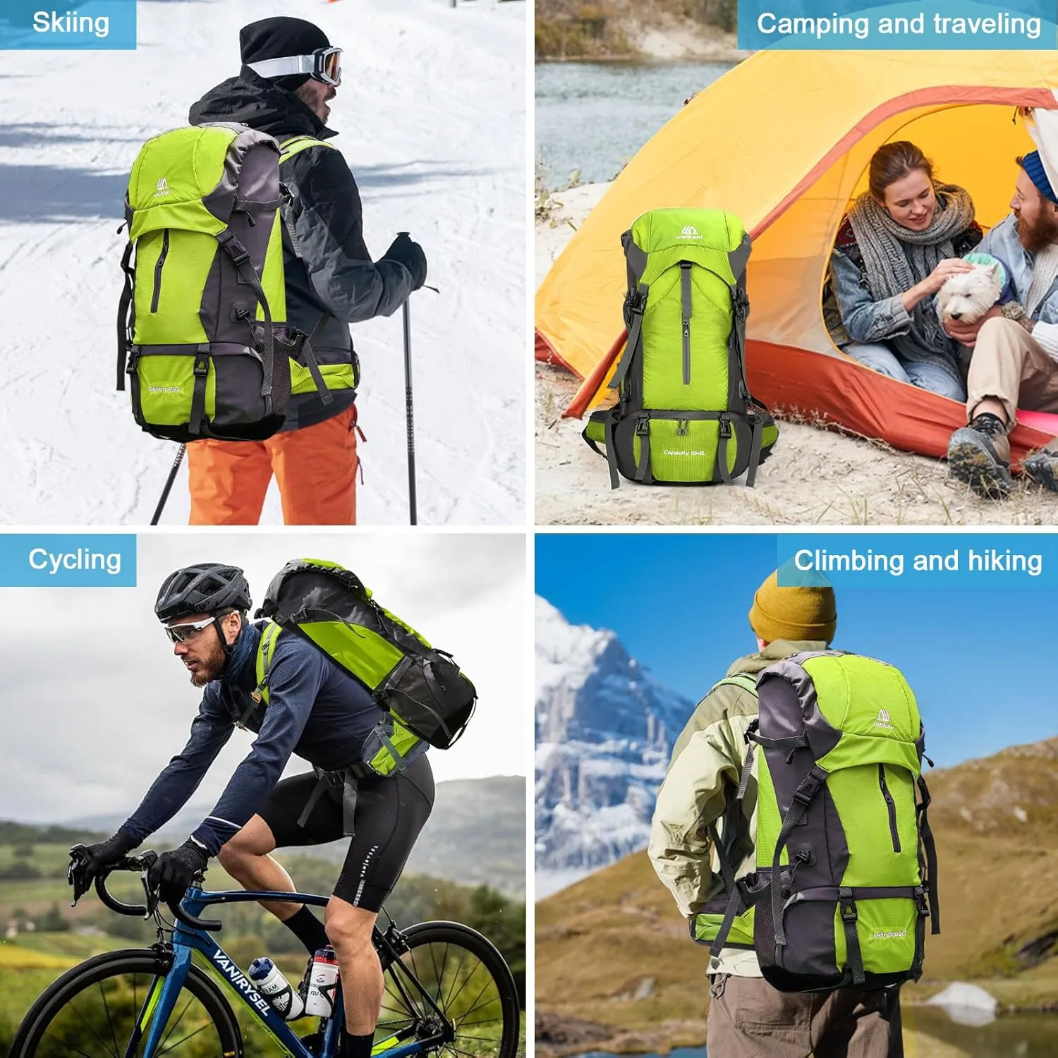 ShowyLive 70L Hiking Backpack - Lightweight Waterproof Travel Backpack for Men & Women, Foldable Daypack with Rain Cover for Camping & Outdoor (Fluorescent Green)