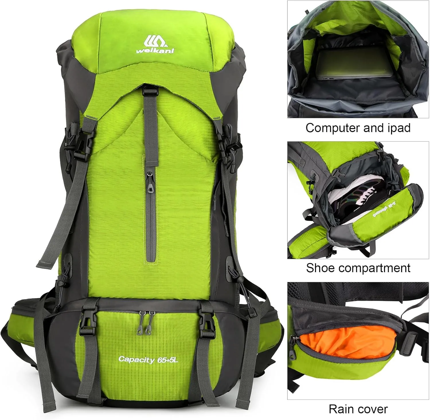 ShowyLive 70L Hiking Backpack - Lightweight Waterproof Travel Backpack for Men & Women, Foldable Daypack with Rain Cover for Camping & Outdoor (Fluorescent Green)