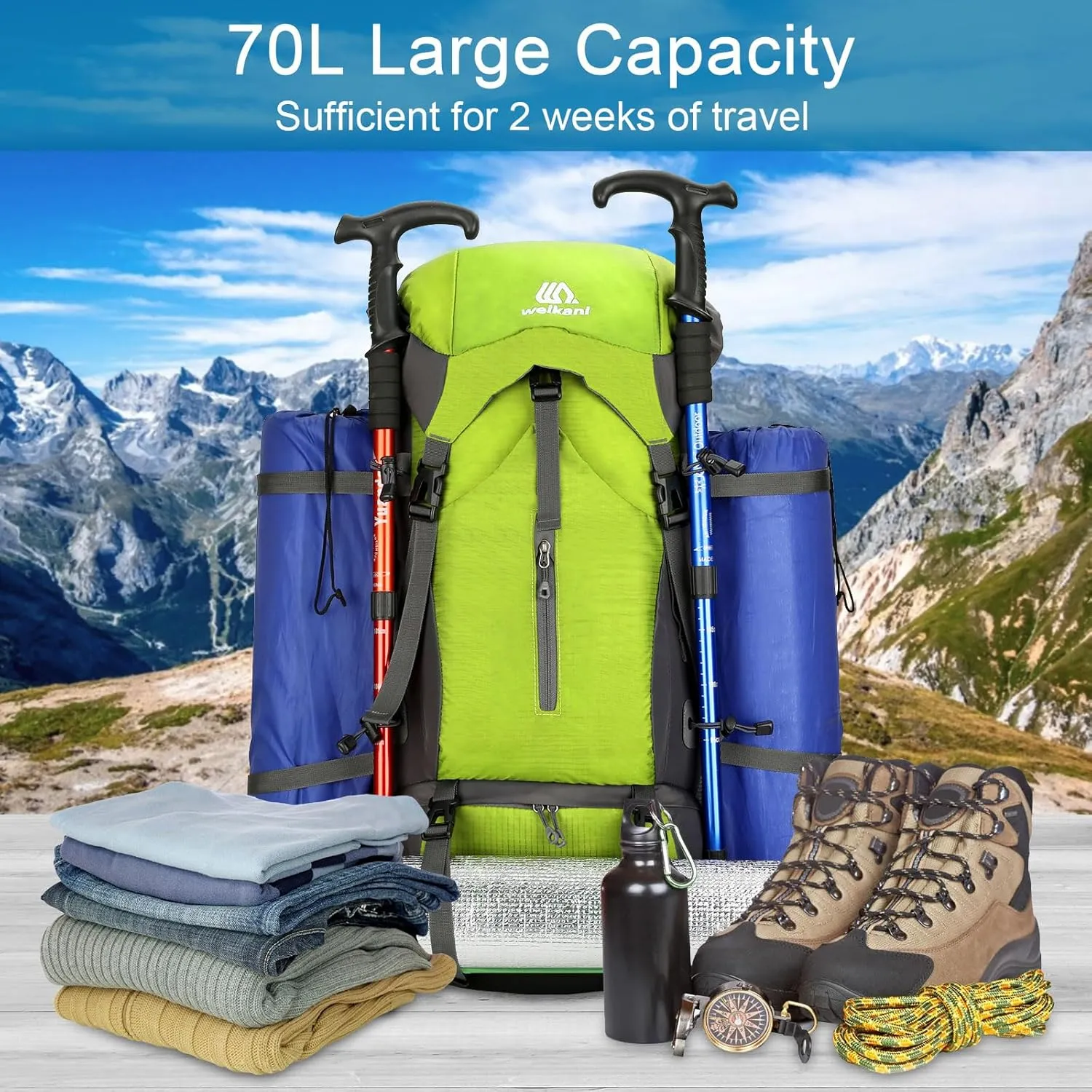 ShowyLive 70L Hiking Backpack - Lightweight Waterproof Travel Backpack for Men & Women, Foldable Daypack with Rain Cover for Camping & Outdoor (Fluorescent Green)