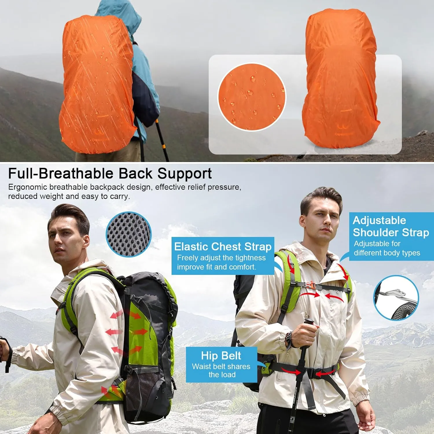 ShowyLive 70L Hiking Backpack - Lightweight Waterproof Travel Backpack for Men & Women, Foldable Daypack with Rain Cover for Camping & Outdoor (Fluorescent Green)
