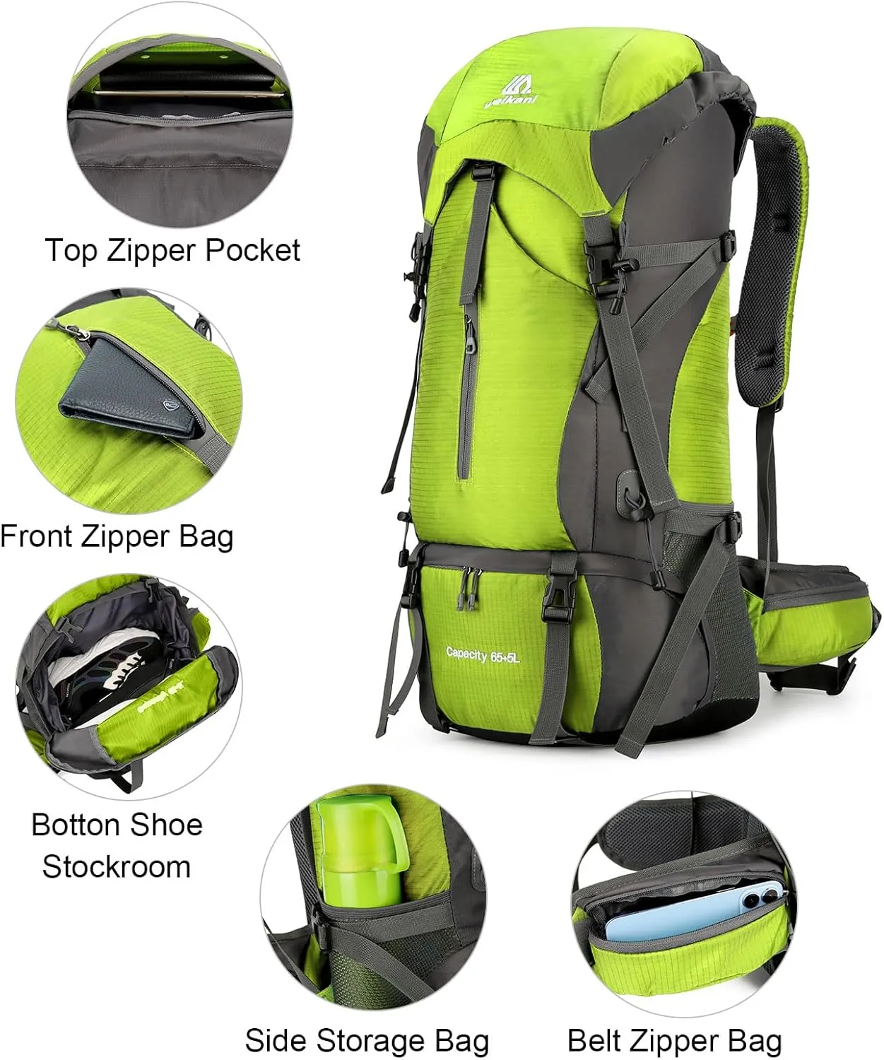 ShowyLive 70L Hiking Backpack - Lightweight Waterproof Travel Backpack for Men & Women, Foldable Daypack with Rain Cover for Camping & Outdoor (Fluorescent Green)