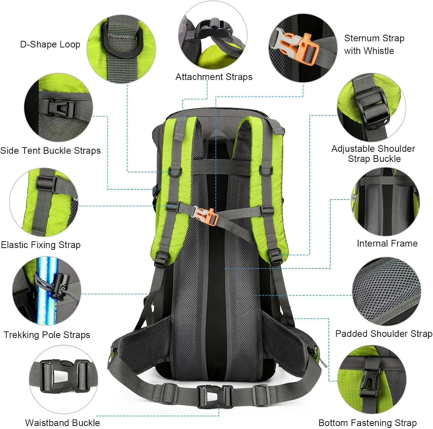 ShowyLive 70L Hiking Backpack - Lightweight Waterproof Travel Backpack for Men & Women, Foldable Daypack with Rain Cover for Camping & Outdoor (Fluorescent Green)