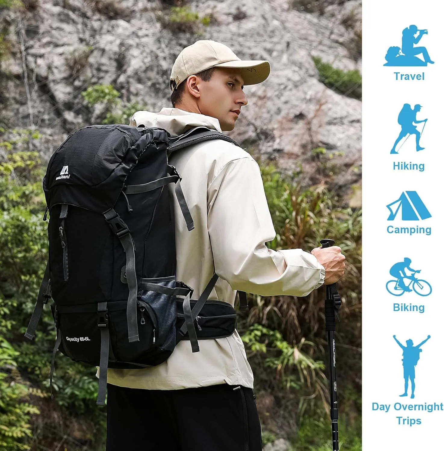 ShowyLive 70L Lightweight Hiking Backpack - Waterproof Travel & Camping Backpack for Outdoor Adventures w/Rain Cover - Men & Women (Black)