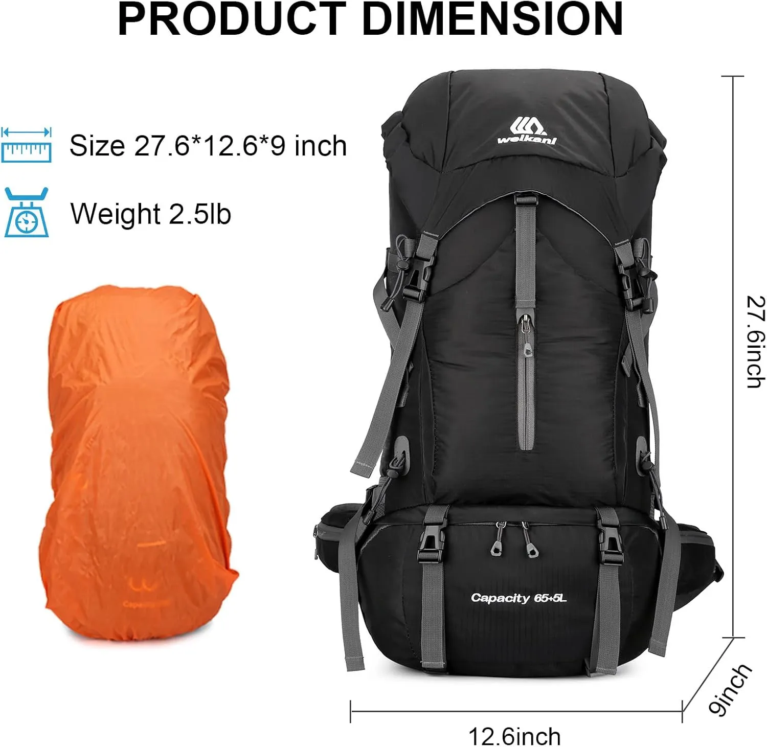 ShowyLive 70L Lightweight Hiking Backpack - Waterproof Travel & Camping Backpack for Outdoor Adventures w/Rain Cover - Men & Women (Black)