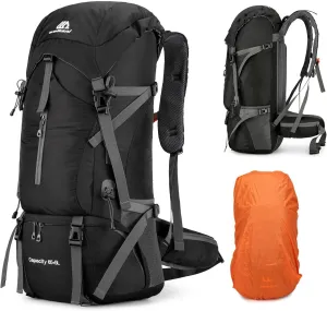 ShowyLive 70L Lightweight Hiking Backpack - Waterproof Travel & Camping Backpack for Outdoor Adventures w/Rain Cover - Men & Women (Black)