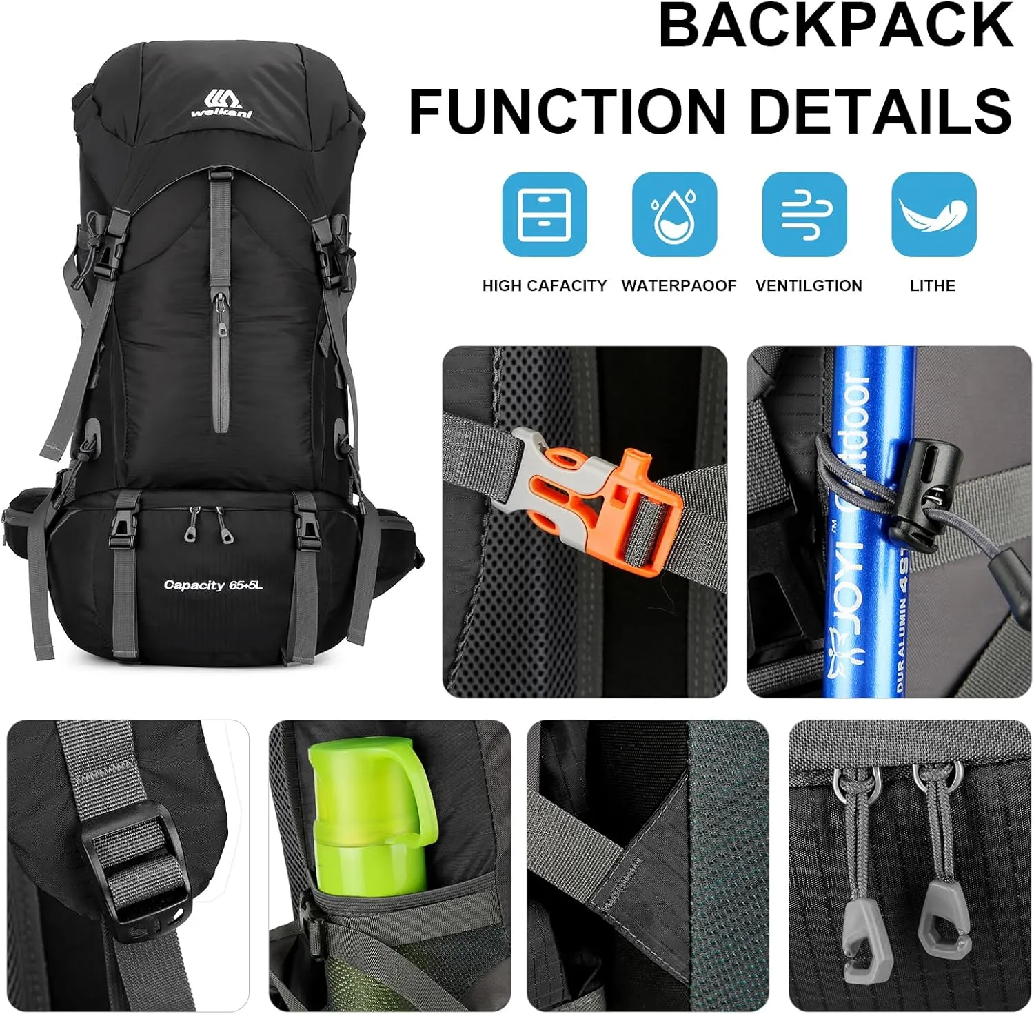 ShowyLive 70L Lightweight Hiking Backpack - Waterproof Travel & Camping Backpack for Outdoor Adventures w/Rain Cover - Men & Women (Black)