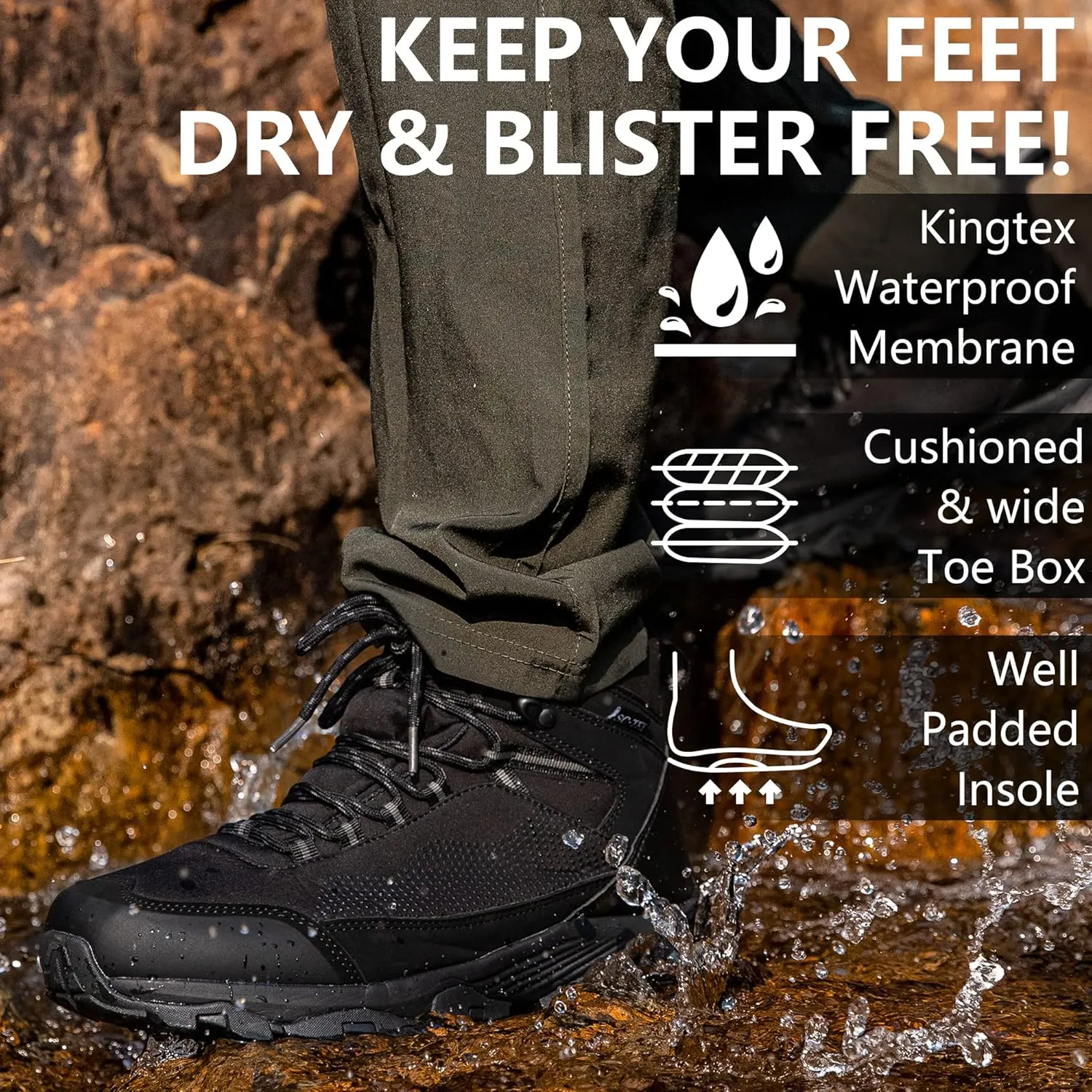 SILENTCARE Men's Hiking Boots Waterproof Non-Slip Mid Ankle Lightweight Outdoor Trekking Backpacking Work Mountaineering Trails Shoes