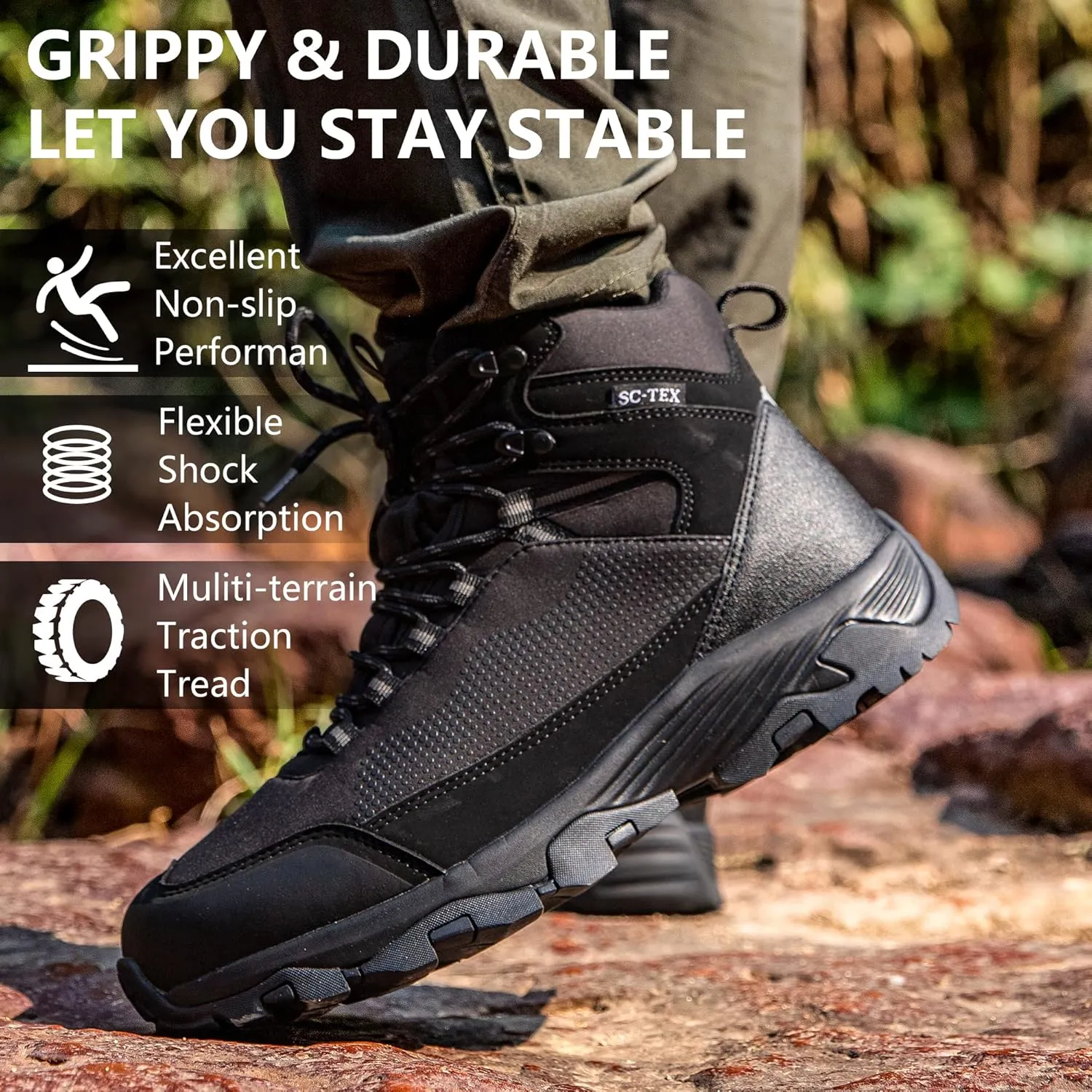 SILENTCARE Men's Hiking Boots Waterproof Non-Slip Mid Ankle Lightweight Outdoor Trekking Backpacking Work Mountaineering Trails Shoes