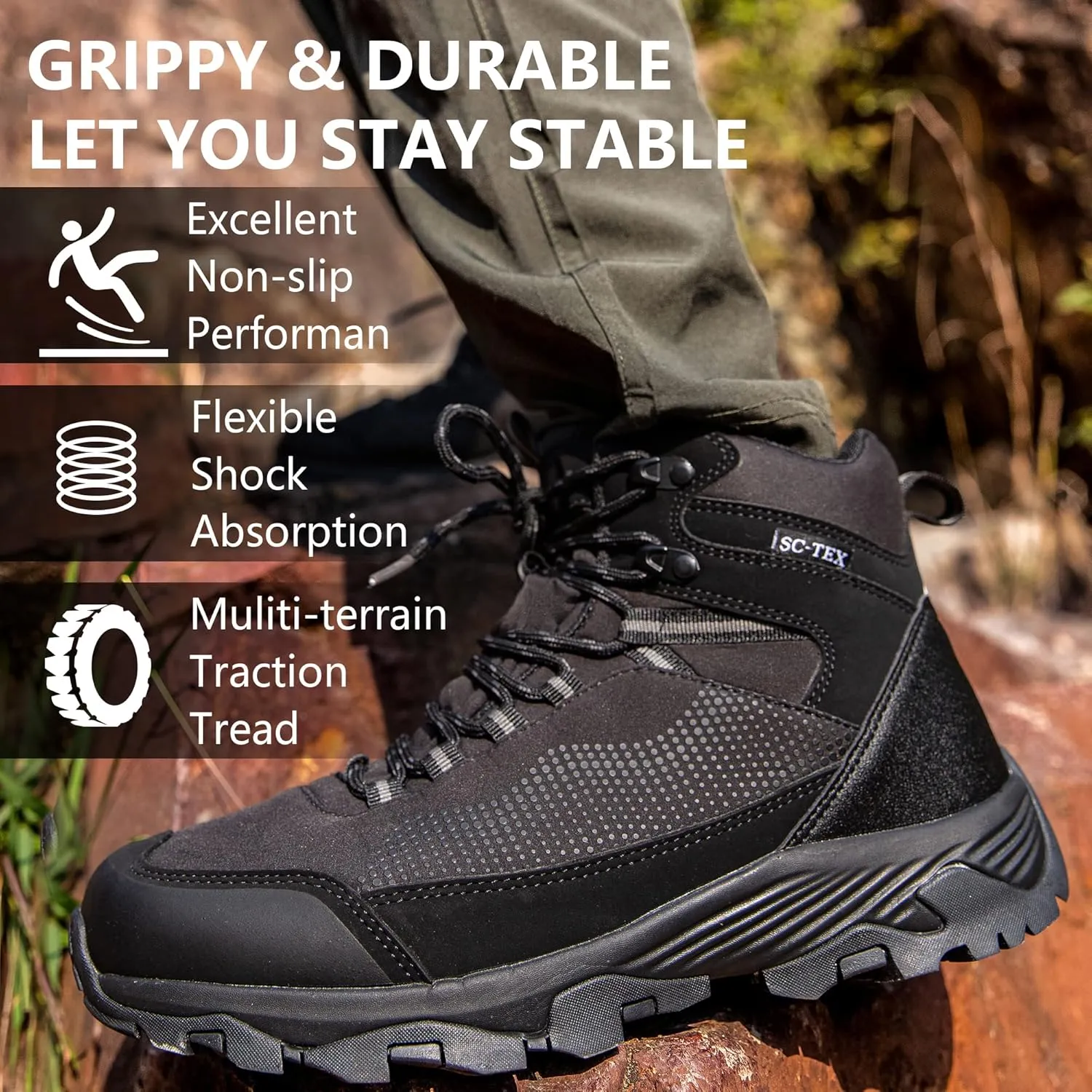 SILENTCARE Men's Hiking Boots Waterproof Non-Slip Mid Ankle Lightweight Outdoor Trekking Backpacking Work Mountaineering Trails Shoes