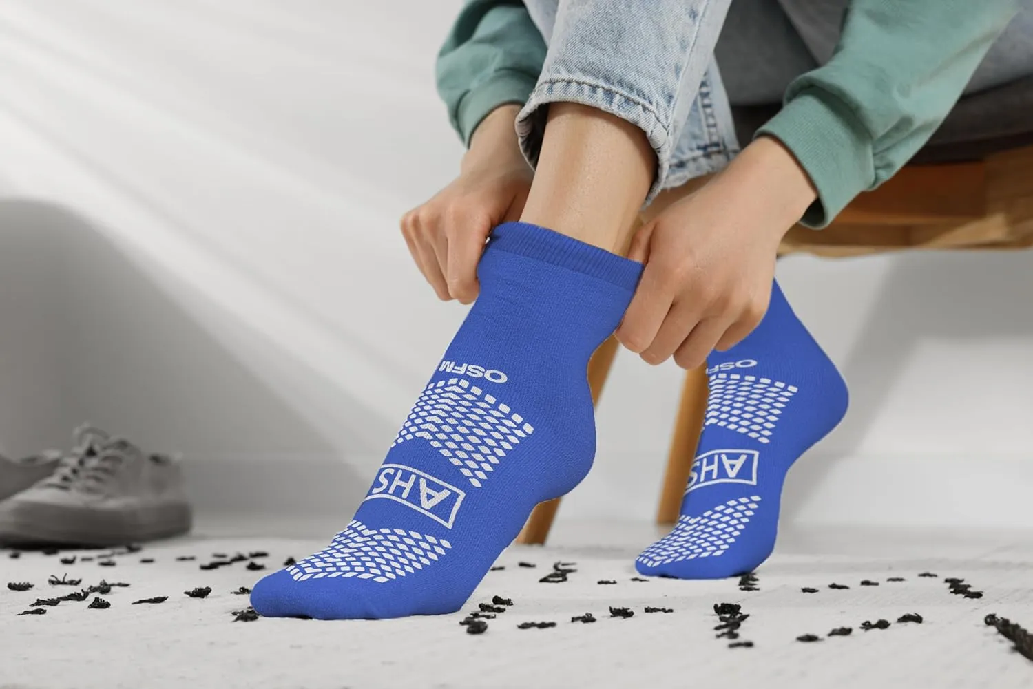 Slipper Socks – Blue, 1 Size Fits Most, Polyester-Spandex Knit Grip Socks with Elastic Cuff | Pack of 6