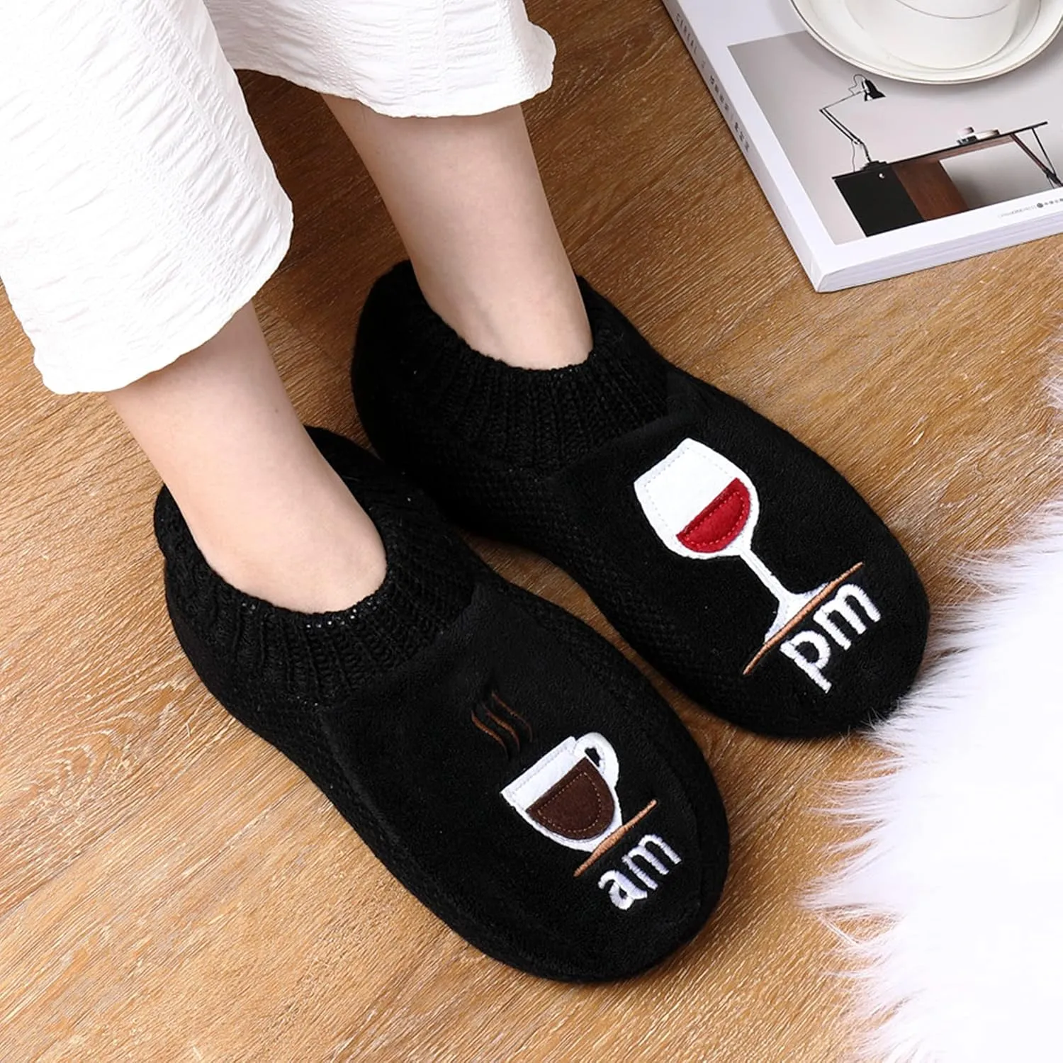 Slipper Socks for Women With Grippers-Winter Non Slip Fuzzy Soft Cozy Knit Fleece-Lined Indoor Socks Wine&Coffee