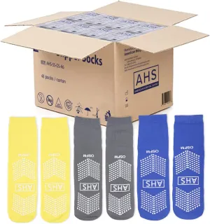 Slipper Socks | Non Skid Socks Assorted Colors (Yellow, Blue, and Gray) One Size Fits Most | Knit Grip Socks with Elastic Cuff | 48 Pairs of Grippy Socks
