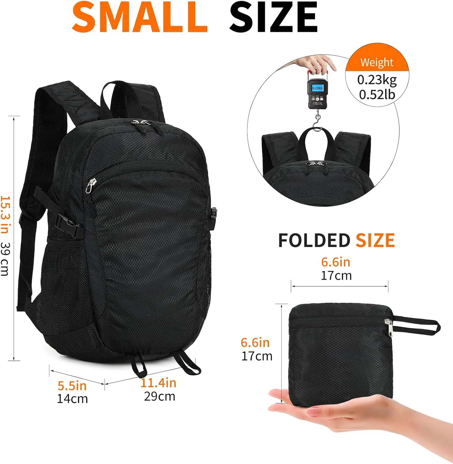Small Hiking Daypack,15L Waterproof Hiking Backpack Packable Lightweight Travel Day Pack for Women Men(Black, Small)