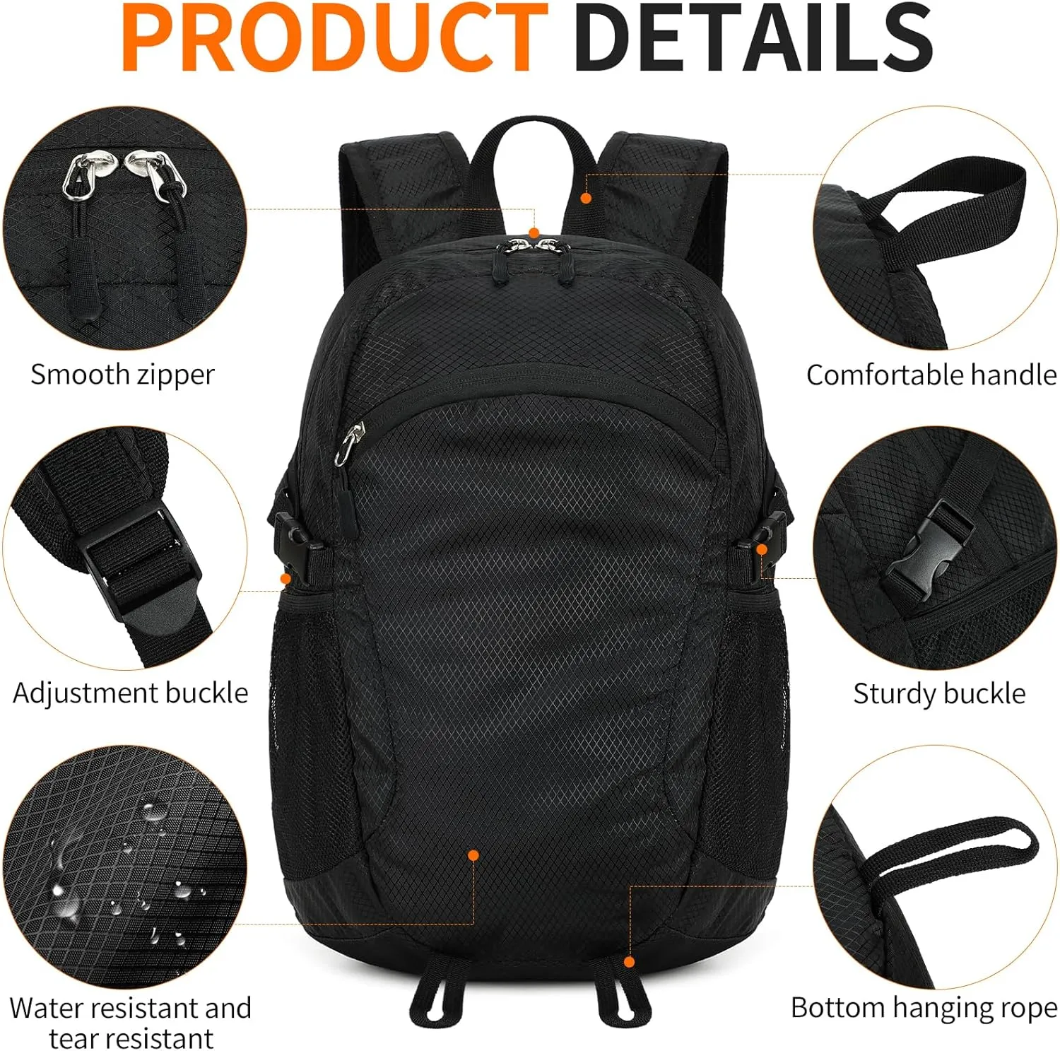 Small Hiking Daypack,15L Waterproof Hiking Backpack Packable Lightweight Travel Day Pack for Women Men(Black, Small)