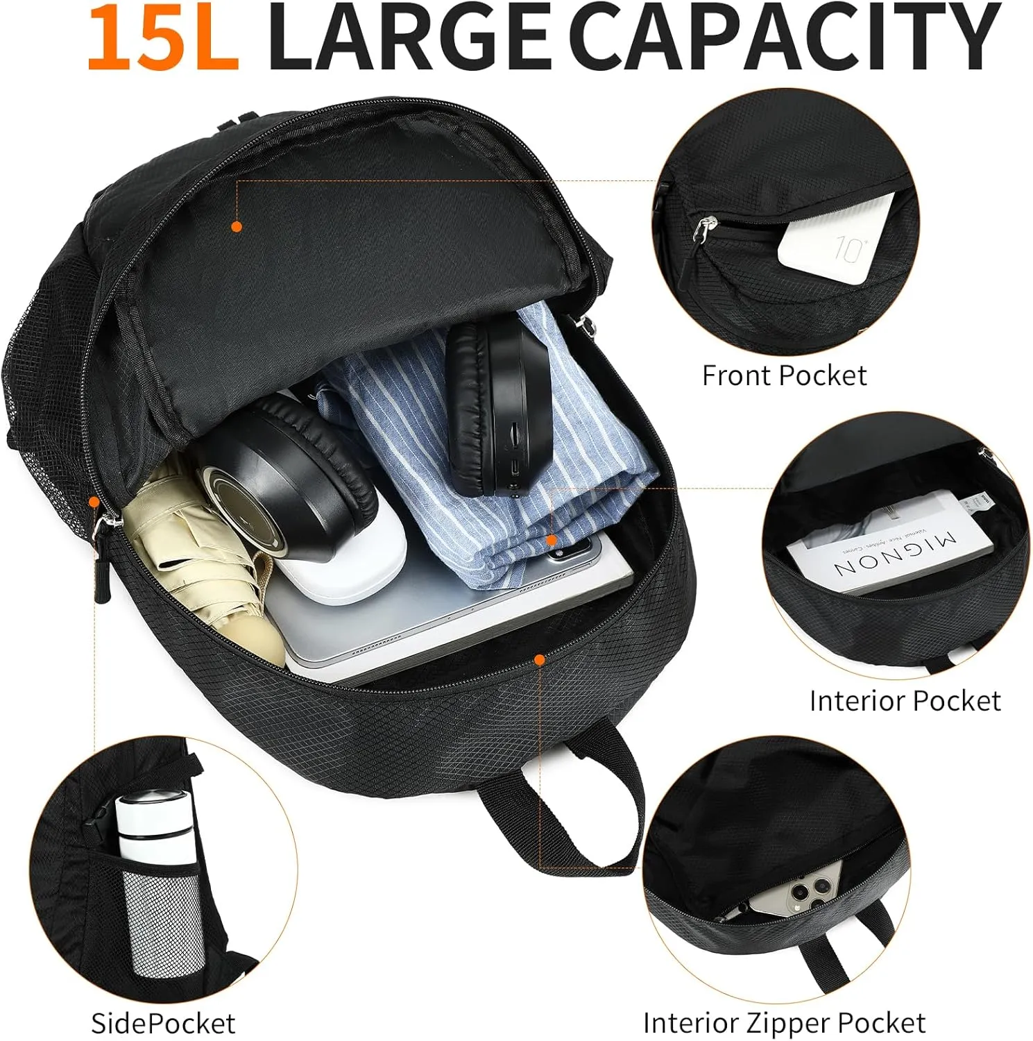 Small Hiking Daypack,15L Waterproof Hiking Backpack Packable Lightweight Travel Day Pack for Women Men(Black, Small)