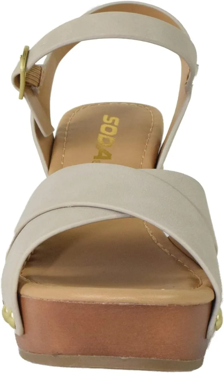 Soda MIGUEL ~ Women Crisscross Band Fashion Chunky Platform Block Mid Heel Sandal with Ankle Strap and Stud