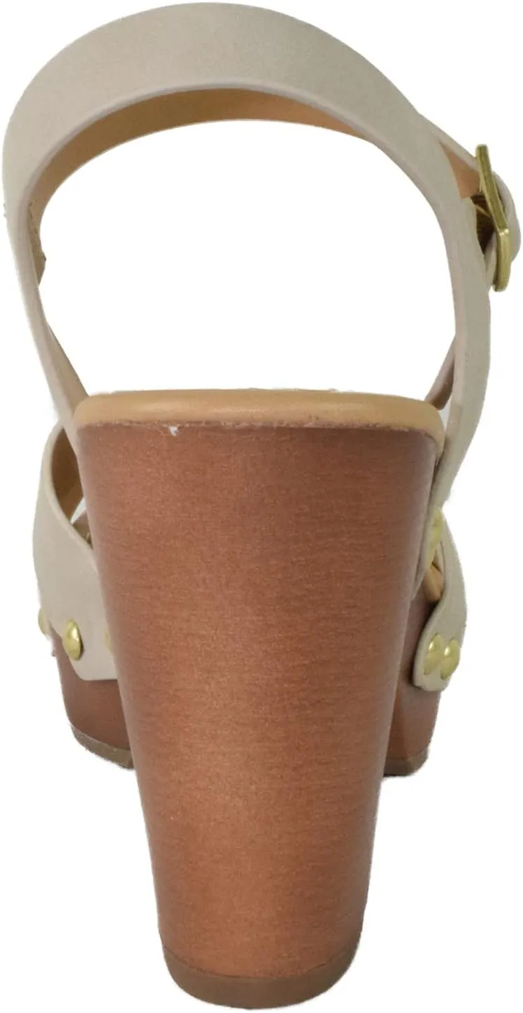 Soda MIGUEL ~ Women Crisscross Band Fashion Chunky Platform Block Mid Heel Sandal with Ankle Strap and Stud