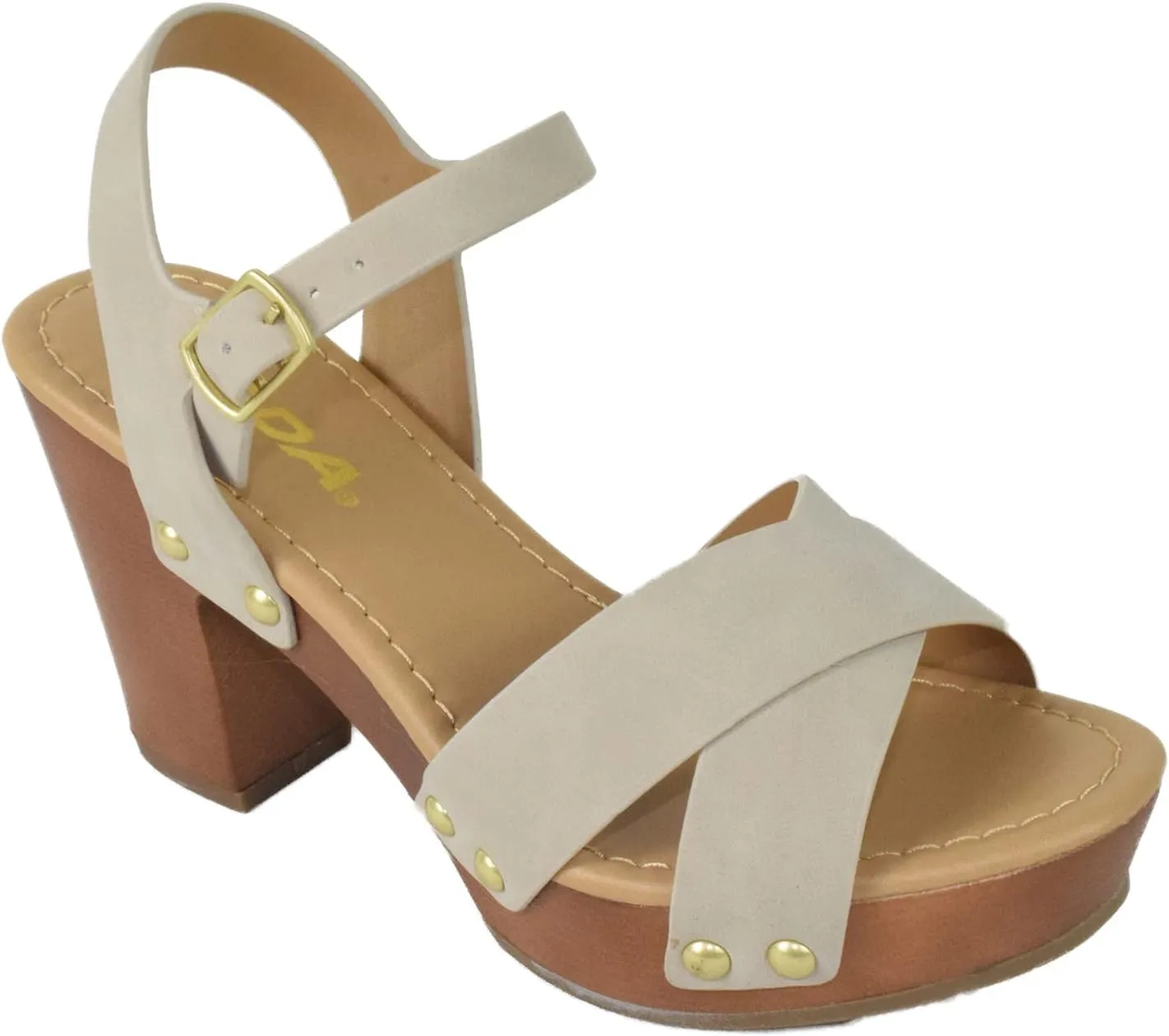 Soda MIGUEL ~ Women Crisscross Band Fashion Chunky Platform Block Mid Heel Sandal with Ankle Strap and Stud