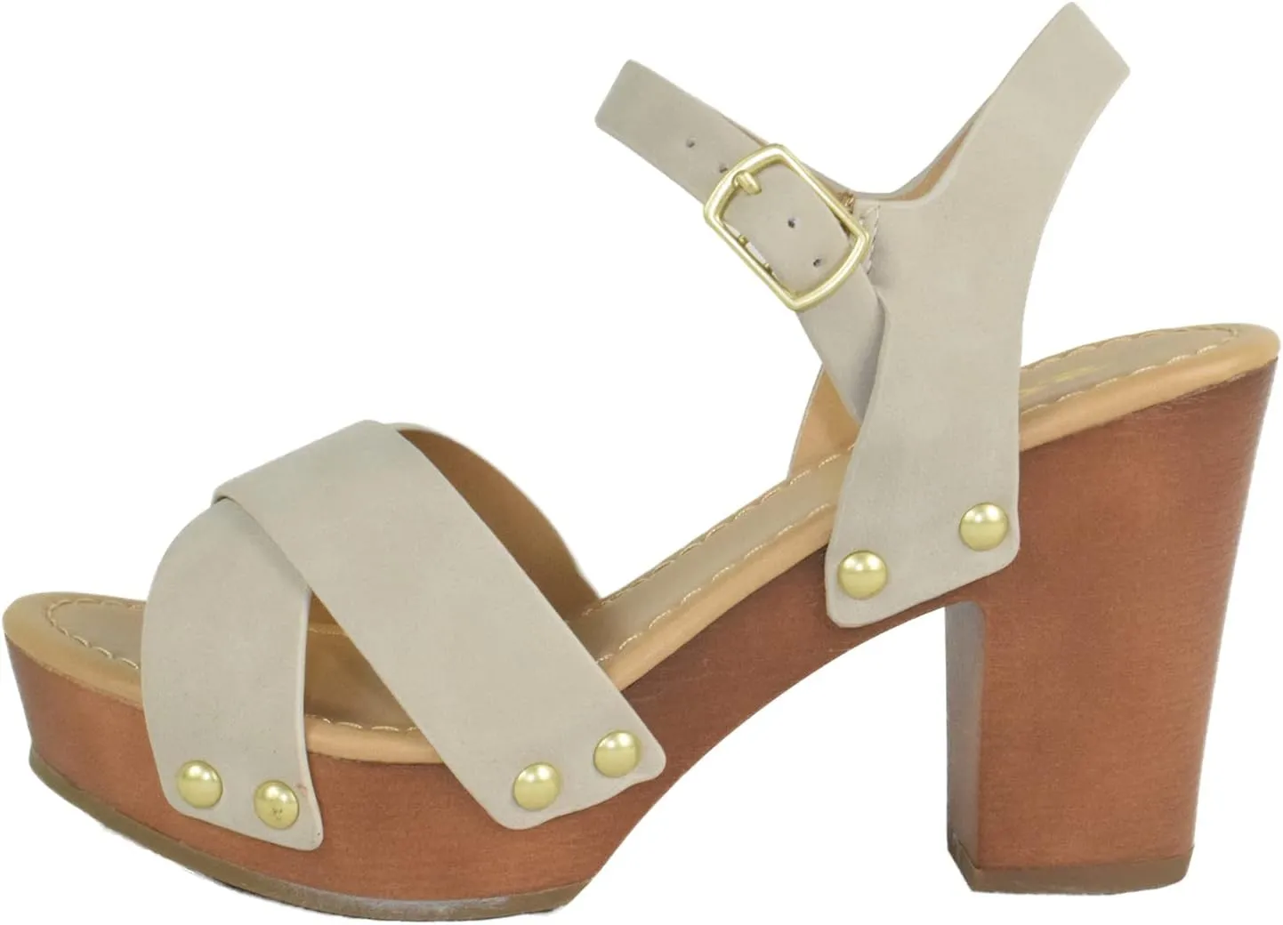 Soda MIGUEL ~ Women Crisscross Band Fashion Chunky Platform Block Mid Heel Sandal with Ankle Strap and Stud