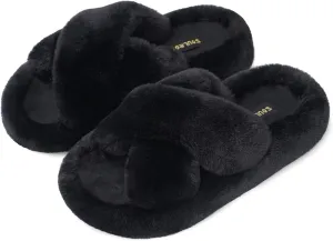 SOULROSE Women's Slippers Open Toe Memory Foam House Slippers for Women Fuzzy Furry Comfy Faux Fur Bedroom Platform Indoor Outdoor Slide Shoes with Anti-Slip Sole Womens Gift Slippers