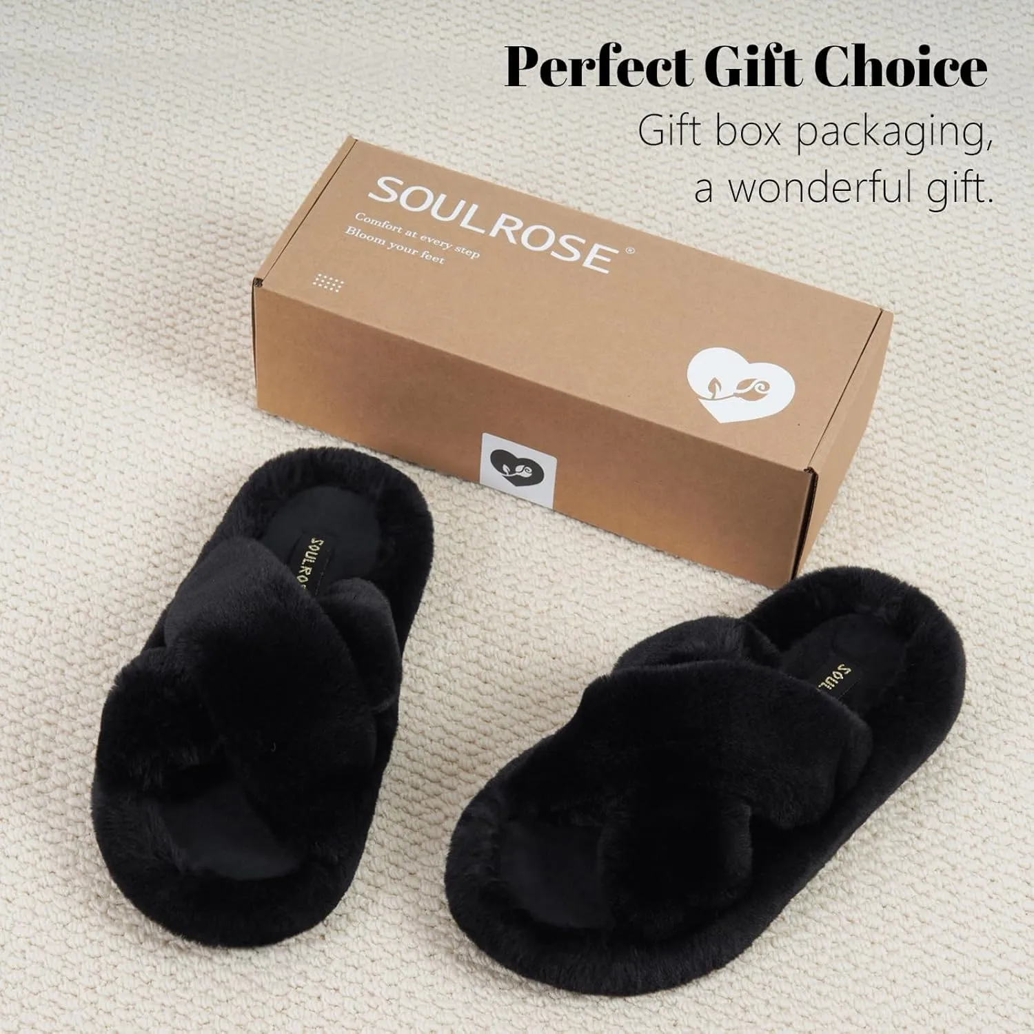 SOULROSE Women's Slippers Open Toe Memory Foam House Slippers for Women Fuzzy Furry Comfy Faux Fur Bedroom Platform Indoor Outdoor Slide Shoes with Anti-Slip Sole Womens Gift Slippers
