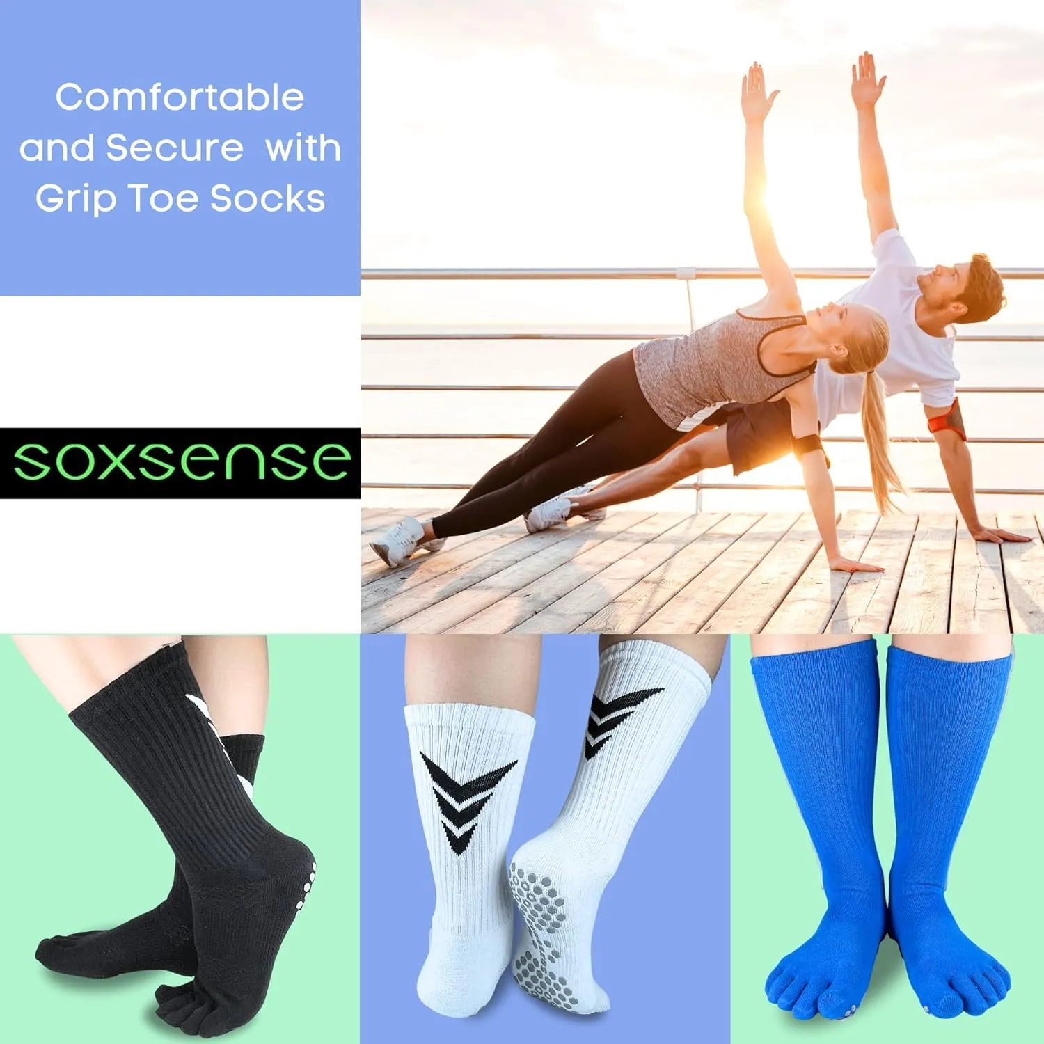 Soxsense Multi-Pack Sports Grip Toe Socks with Cushion, Non-Slip Finger Socks for Pilates, Home Gym, Soccer, basketball