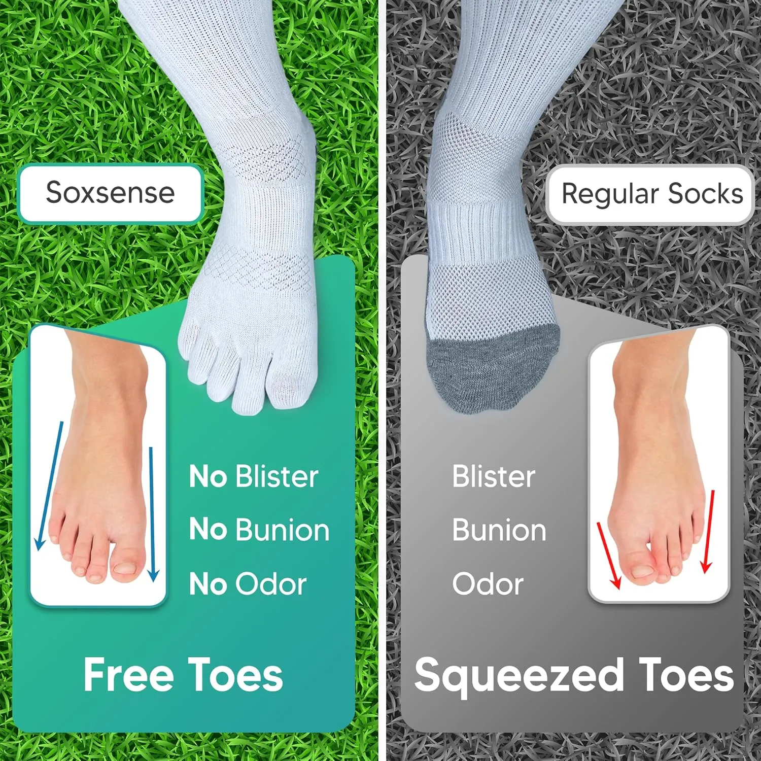 Soxsense Multi-Pack Sports Grip Toe Socks with Cushion, Non-Slip Finger Socks for Pilates, Home Gym, Soccer, basketball