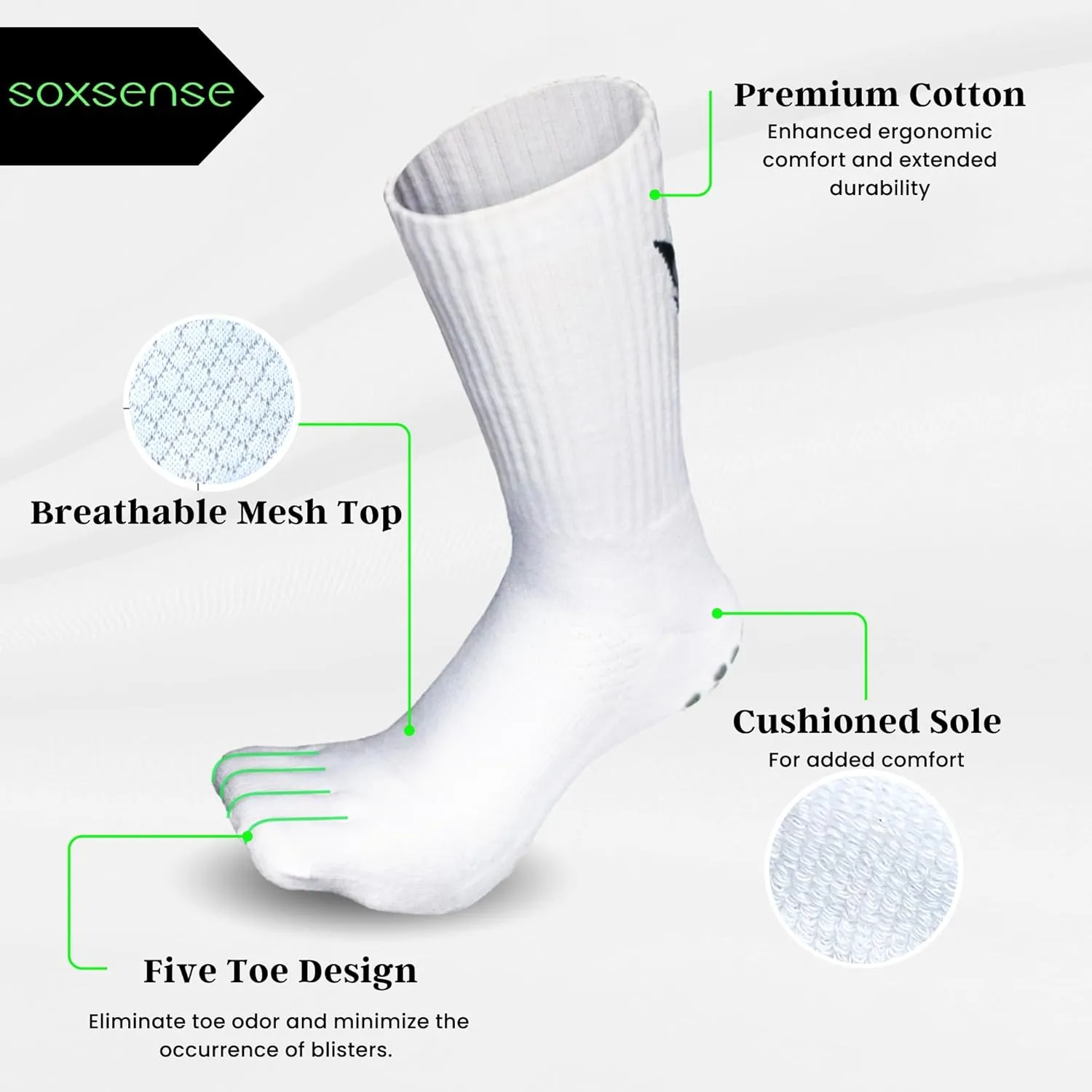 Soxsense Multi-Pack Sports Grip Toe Socks with Cushion, Non-Slip Finger Socks for Pilates, Home Gym, Soccer, basketball