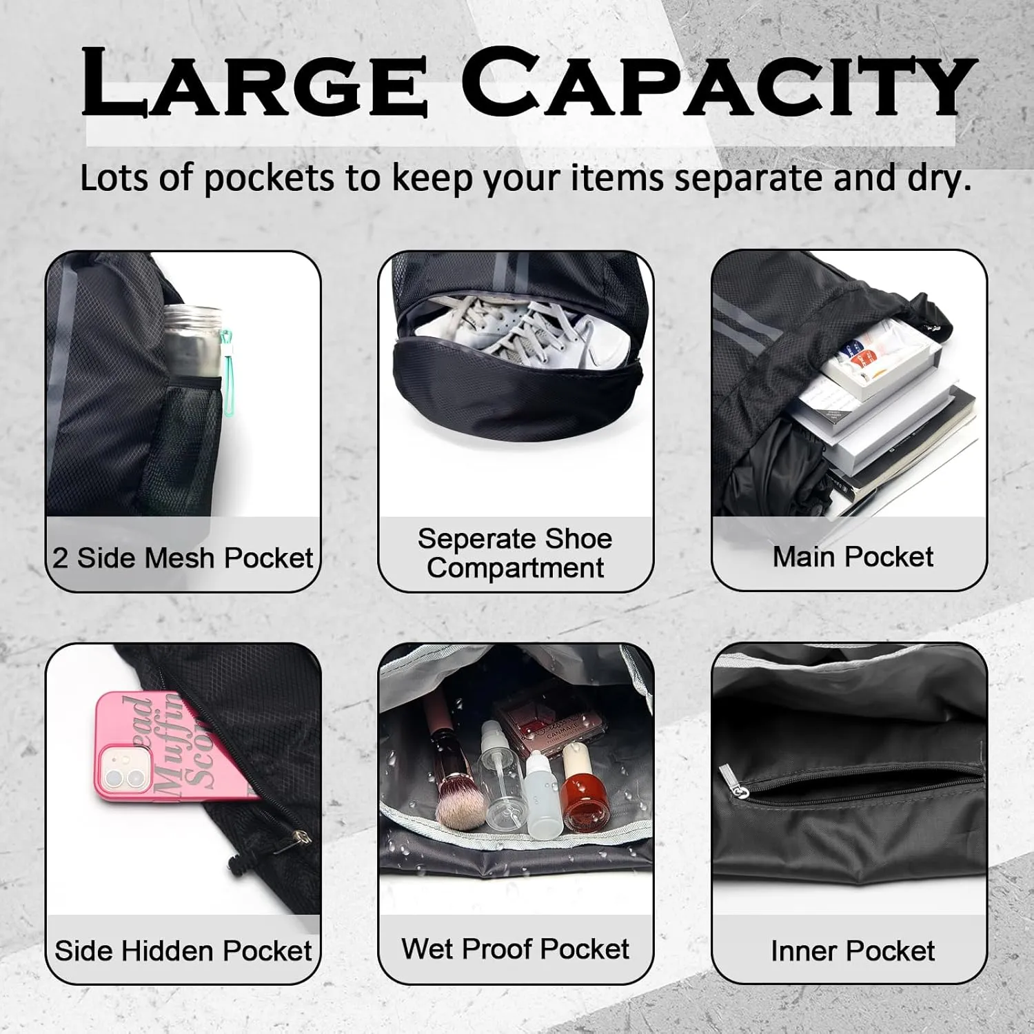Sports Drawstring Backpack, Gym Bag with Water Bottle Holder Pockets, Shoe Compartment, Waterproof Pocket, Drawstring Bag for Women Men, Black