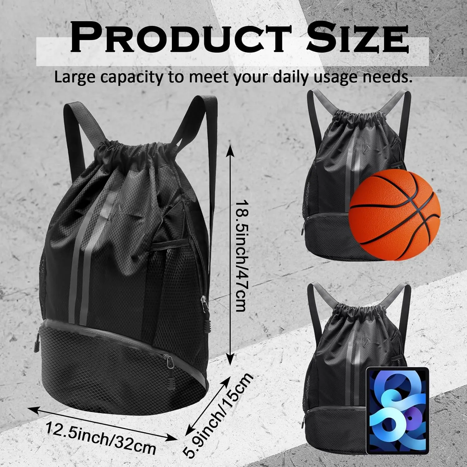Sports Drawstring Backpack, Gym Bag with Water Bottle Holder Pockets, Shoe Compartment, Waterproof Pocket, Drawstring Bag for Women Men, Black
