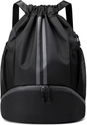 Sports Drawstring Backpack, Gym Bag with Water Bottle Holder Pockets, Shoe Compartment, Waterproof Pocket, Drawstring Bag for Women Men, Black