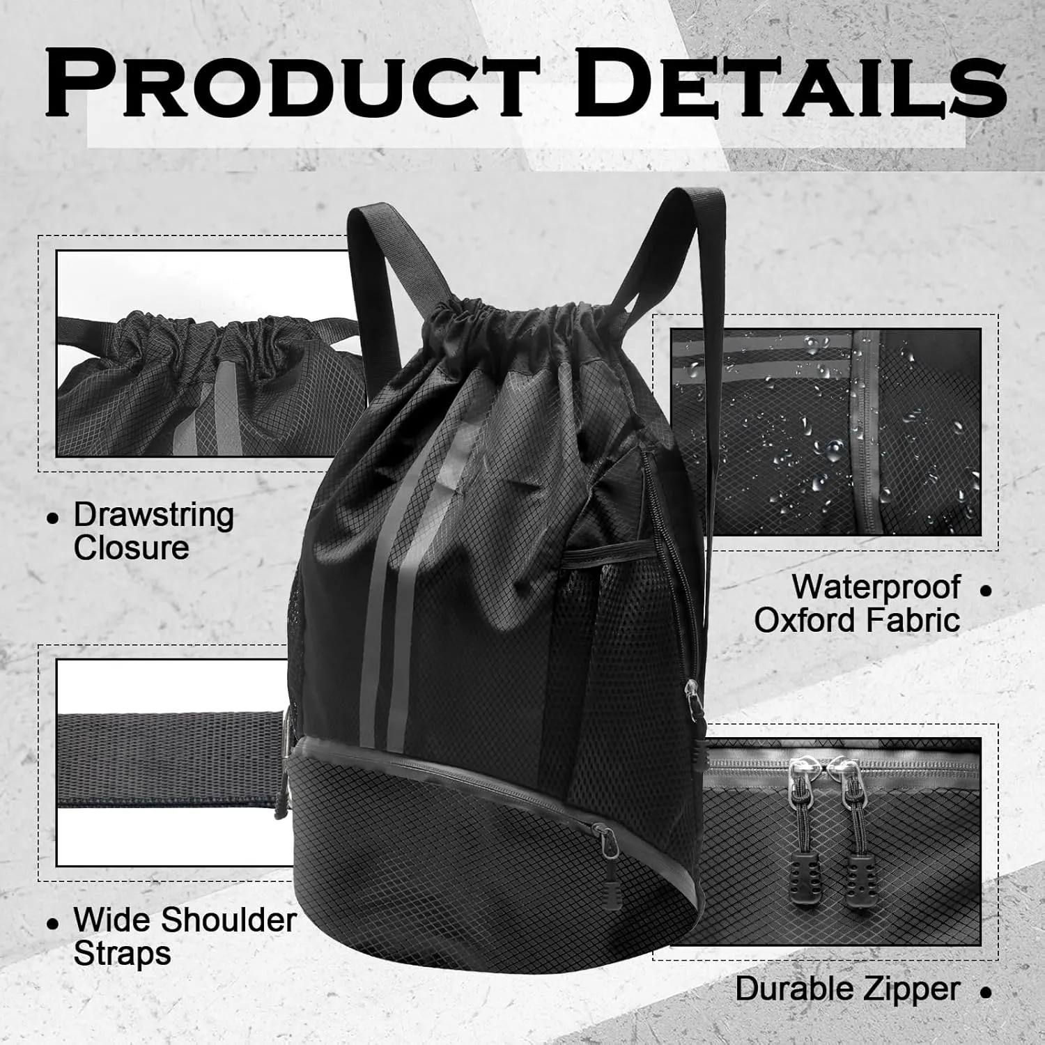 Sports Drawstring Backpack, Gym Bag with Water Bottle Holder Pockets, Shoe Compartment, Waterproof Pocket, Drawstring Bag for Women Men, Black