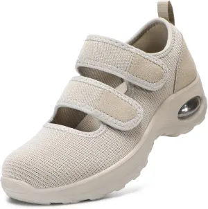 STQ Womens Diabetic Shoes Non Slip Orthopedic Walking Shoes Breathable Adjustable Mary Jane Shoe Taupe, Size 7