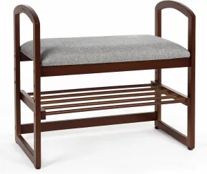 StrongTek Elderly-Friendly Shoe Bench with Armrests, 14" High, Lightweight, 220 lbs Capacity, Bamboo Entryway Bench with Soft Cushion, Small Shoe Rack for Up to 4 Pairs of Shoes