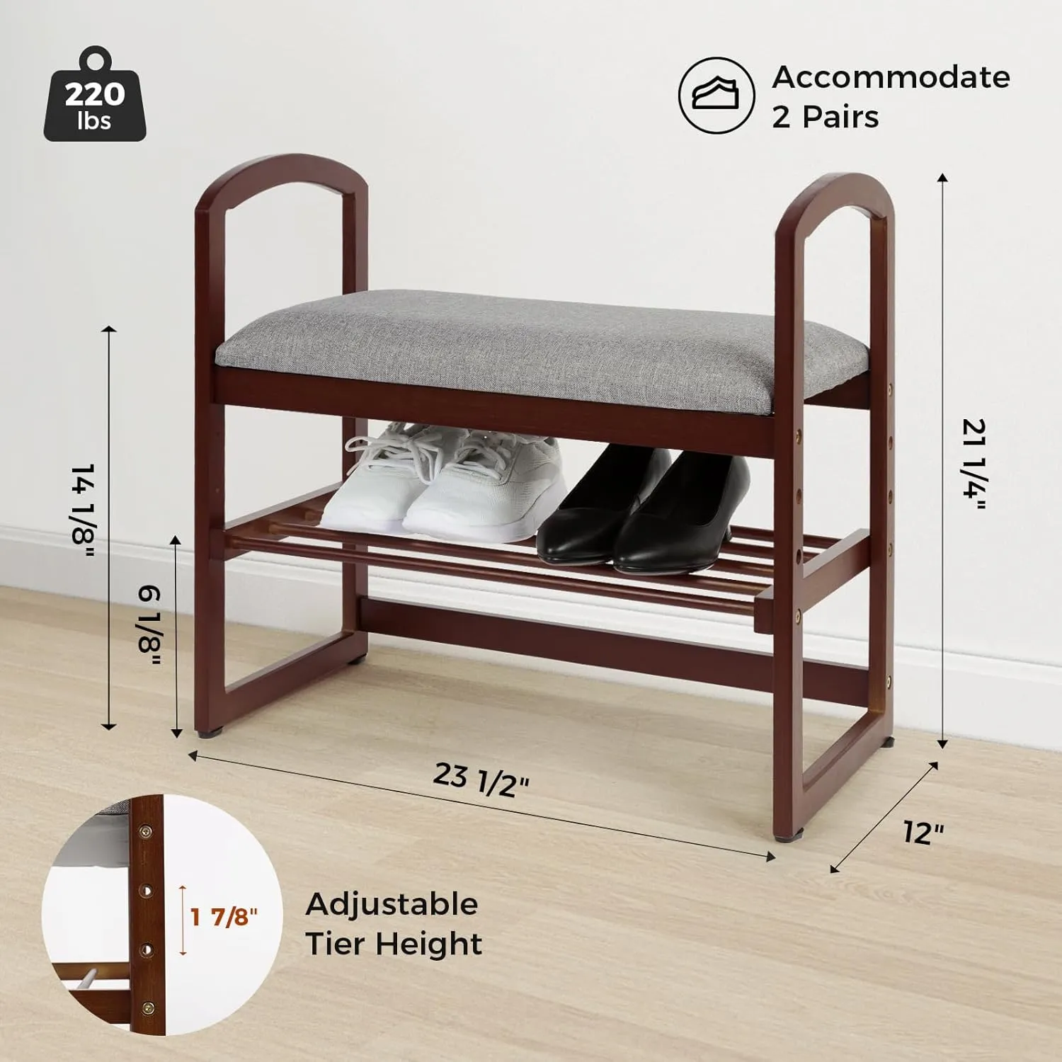 StrongTek Elderly-Friendly Shoe Bench with Armrests, 14" High, Lightweight, 220 lbs Capacity, Bamboo Entryway Bench with Soft Cushion, Small Shoe Rack for Up to 4 Pairs of Shoes