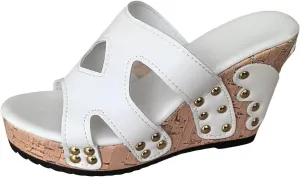 SuanlaTDS Women's Platform Wedge Sandals Dressy Open Toe Slip On Slides Cork Heeled Cutout Comfortable Casual Summer Beach Shoes Chunky High Heels Wedges Slide Sandal Mules