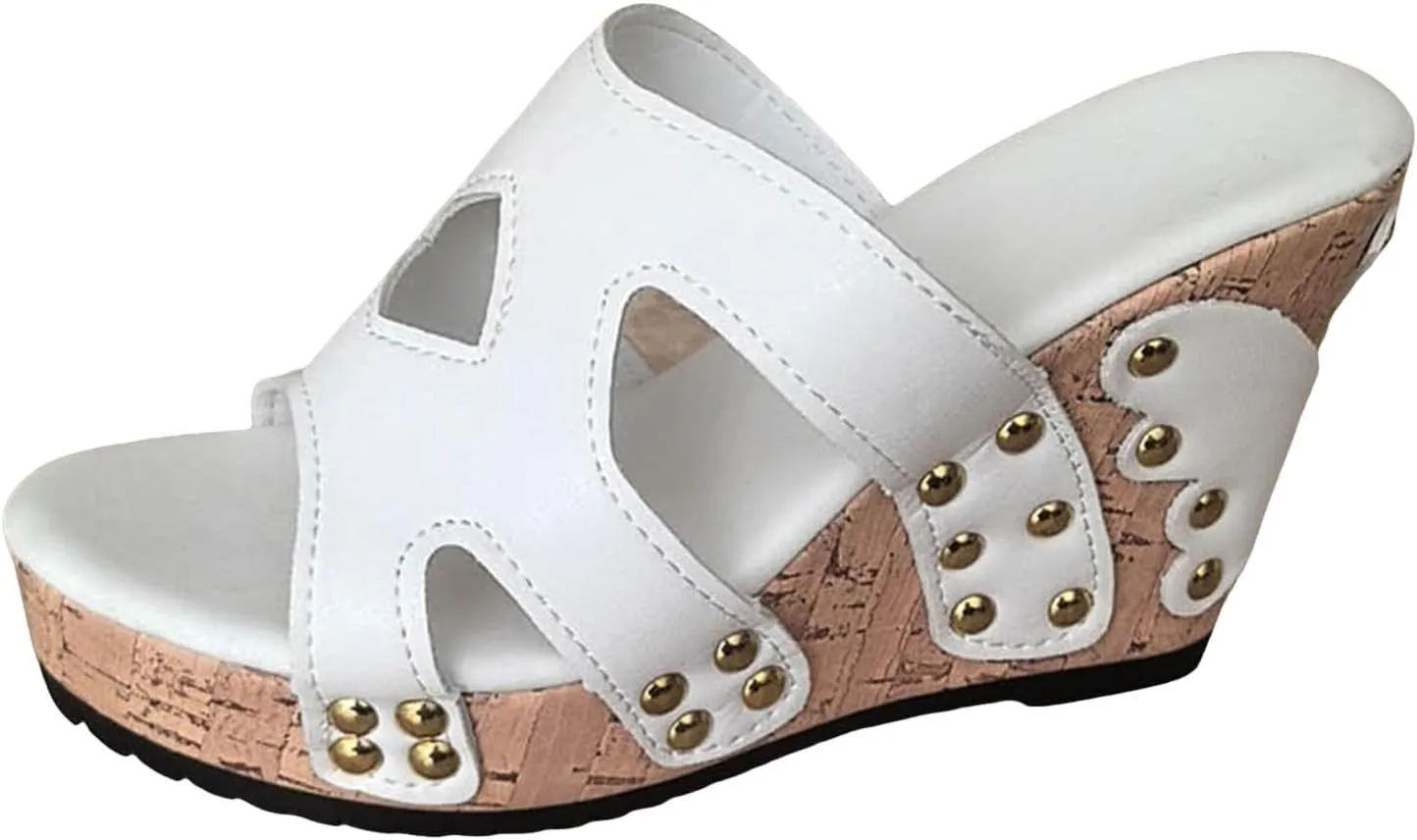 SuanlaTDS Women's Platform Wedge Sandals Dressy Open Toe Slip On Slides Cork Heeled Cutout Comfortable Casual Summer Beach Shoes Chunky High Heels Wedges Slide Sandal Mules