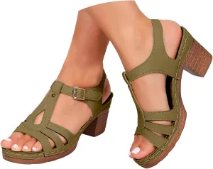 Summer Sandals for Women 2025 Open Toe Solid Color Hollow Classic Casual Chunky Heeled Comfortable Fashionable High Heels Shoes for Beach Vacation Travel Walking