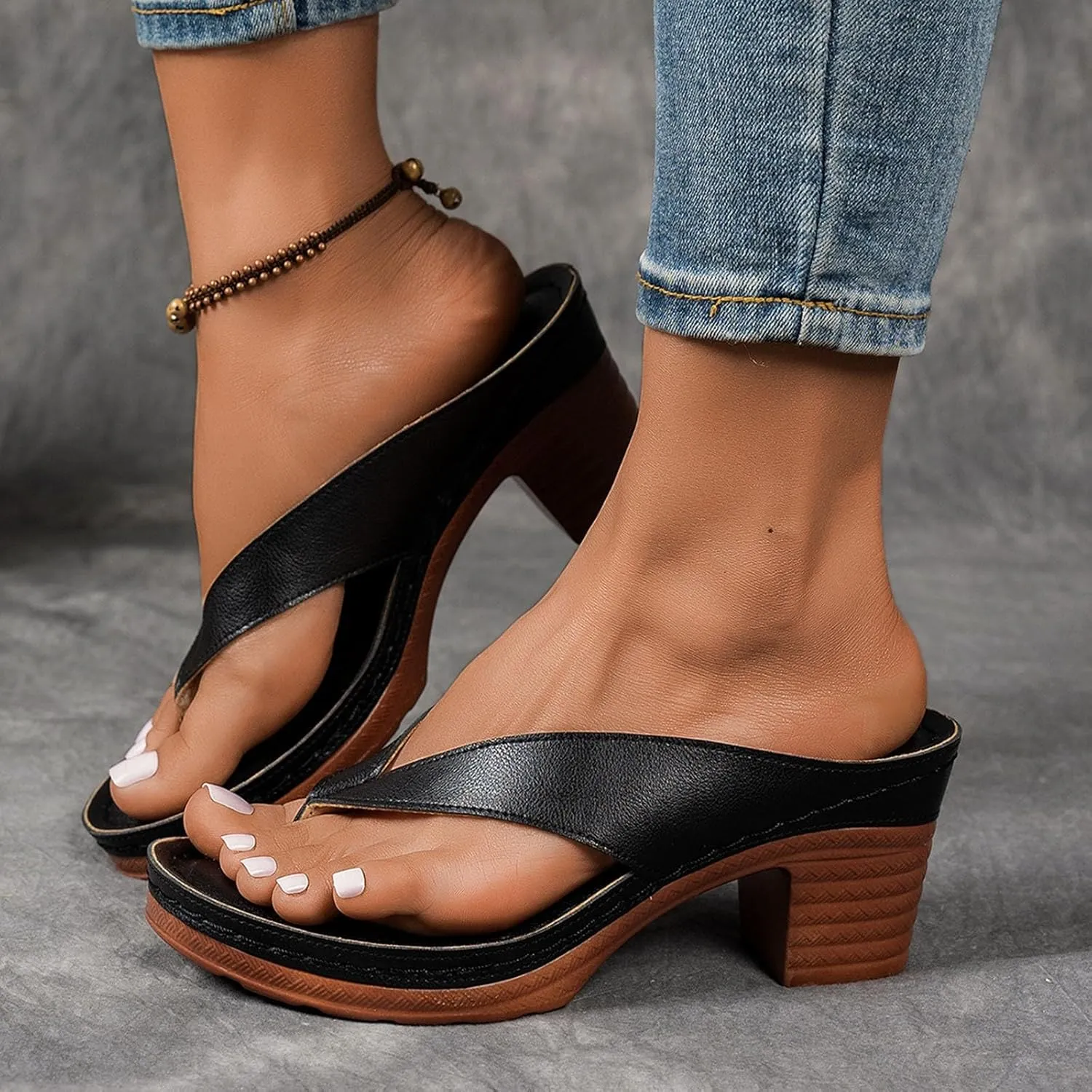 Summer Sandals for Women 2025 Women's Orthopedic Dressy Chunky Heel Sandal Arch Support Comfortable Slip-On Open Toe Heeled Flip Flops Bridal Party Wedding Shoes Casual Wedge Thong Sandals