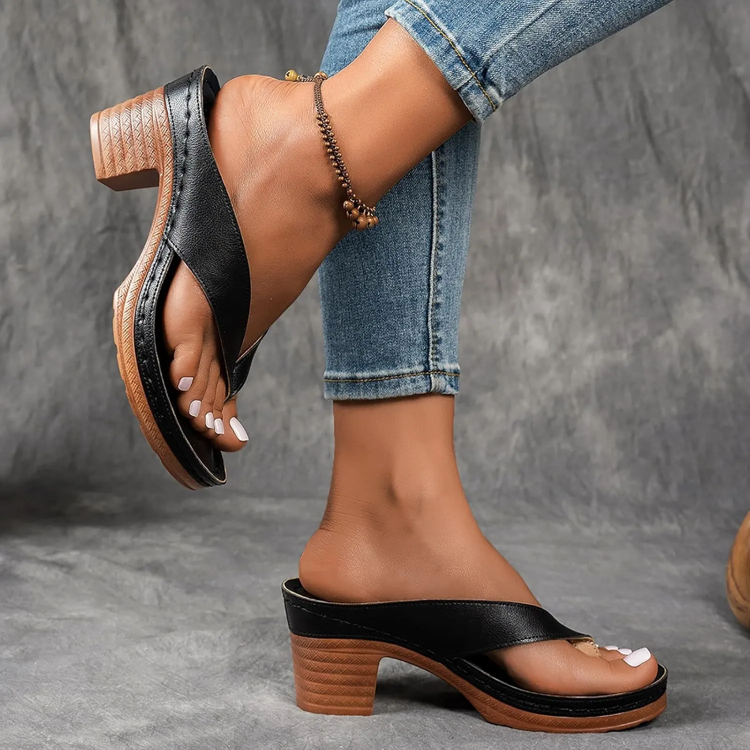 Summer Sandals for Women 2025 Women's Orthopedic Dressy Chunky Heel Sandal Arch Support Comfortable Slip-On Open Toe Heeled Flip Flops Bridal Party Wedding Shoes Casual Wedge Thong Sandals