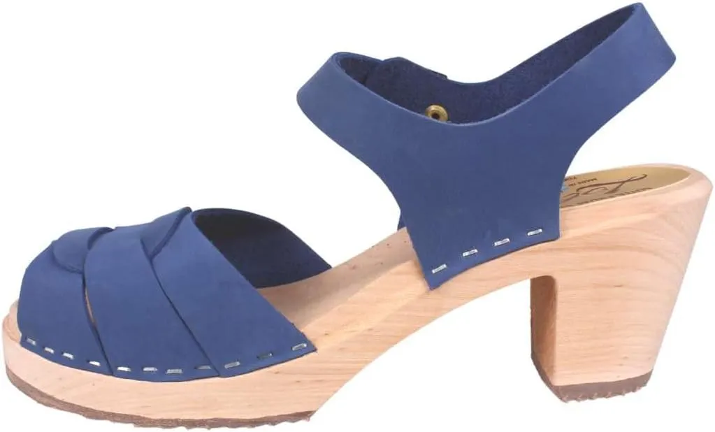 Swedish High Heel Peep Toe Clogs I Women's Open Toe Sandal Clog Handmade in Sweden I Lazuli Blue Oiled Nubuck Leather