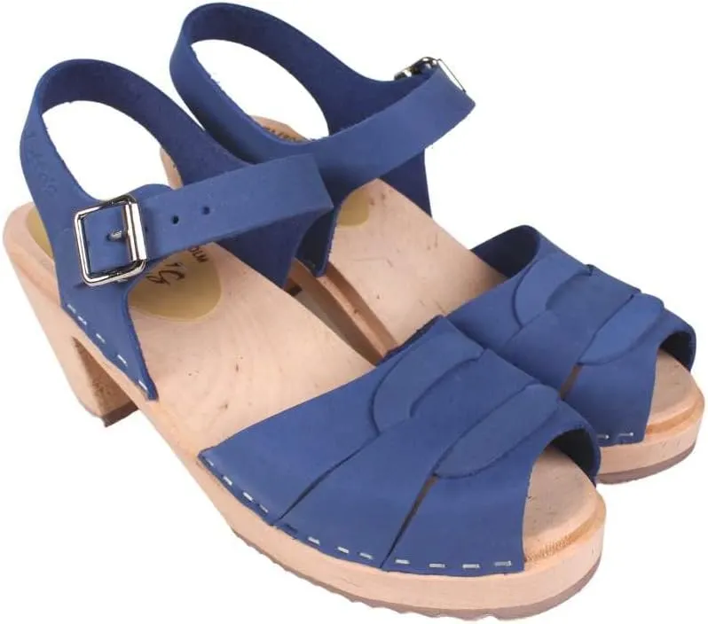Swedish High Heel Peep Toe Clogs I Women's Open Toe Sandal Clog Handmade in Sweden I Lazuli Blue Oiled Nubuck Leather