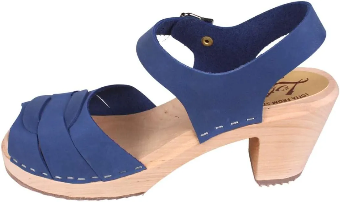 Swedish High Heel Peep Toe Clogs I Women's Open Toe Sandal Clog Handmade in Sweden I Lazuli Blue Oiled Nubuck Leather