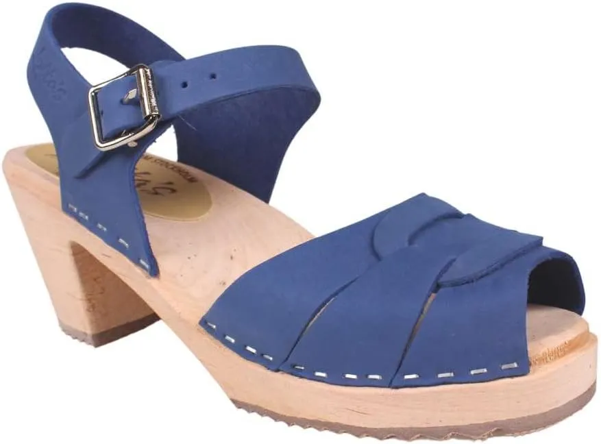Swedish High Heel Peep Toe Clogs I Women's Open Toe Sandal Clog Handmade in Sweden I Lazuli Blue Oiled Nubuck Leather