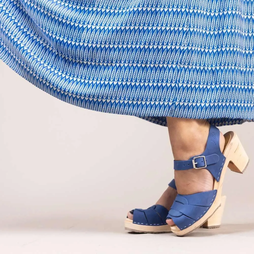 Swedish High Heel Peep Toe Clogs I Women's Open Toe Sandal Clog Handmade in Sweden I Lazuli Blue Oiled Nubuck Leather