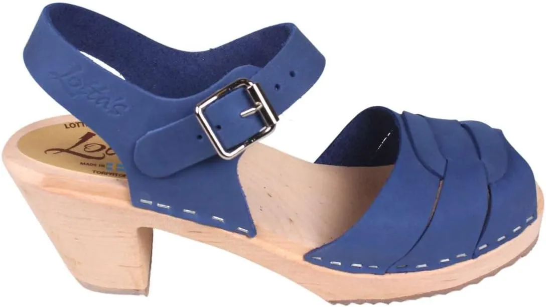 Swedish High Heel Peep Toe Clogs I Women's Open Toe Sandal Clog Handmade in Sweden I Lazuli Blue Oiled Nubuck Leather