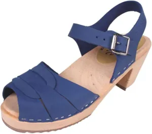 Swedish High Heel Peep Toe Clogs I Women's Open Toe Sandal Clog Handmade in Sweden I Lazuli Blue Oiled Nubuck Leather